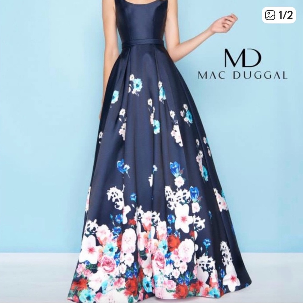 NWT Mac Duggal Navy Floral Long, A-Line Gown, statement dress for formal events - Picture 4 of 5